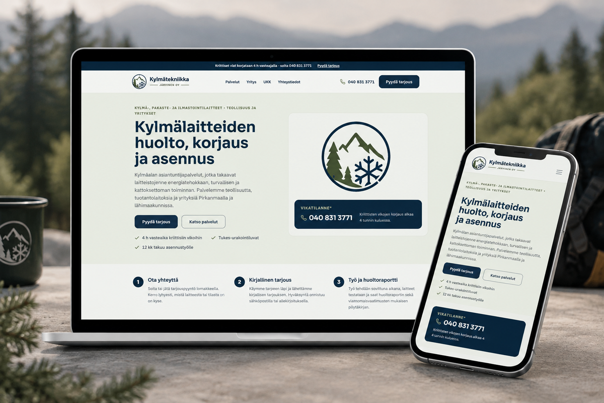 Kylmätekniikka Järvisen uudet verkkosivut tietokoneella ja puhelimella